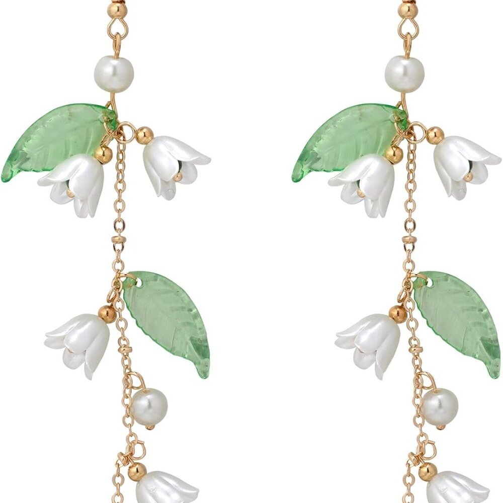Dangle Flower Leaf Earring White Fairy Flower Earrings Summer Dangling Long Tass